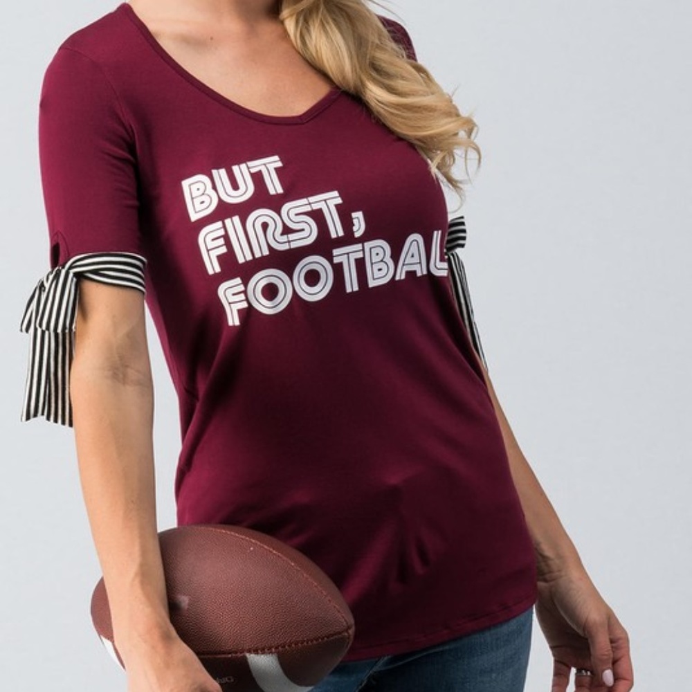 NWT But First, Football Tie Sleeve Tee